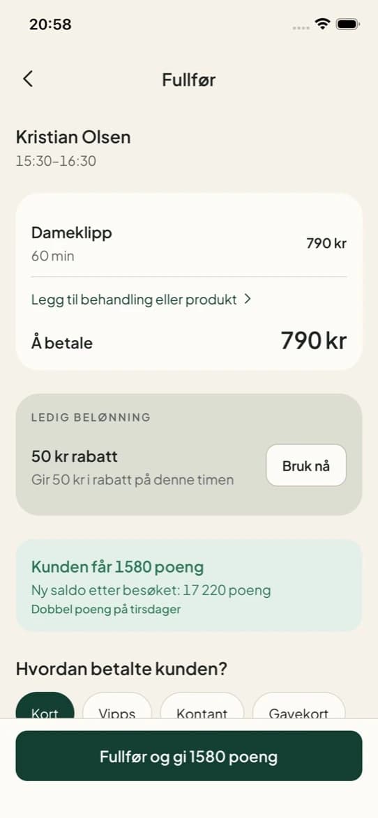 Kassa i Stamly Business: behandlingen, kundens ledige belønning, poengene kunden får, og betalingsmåte.
